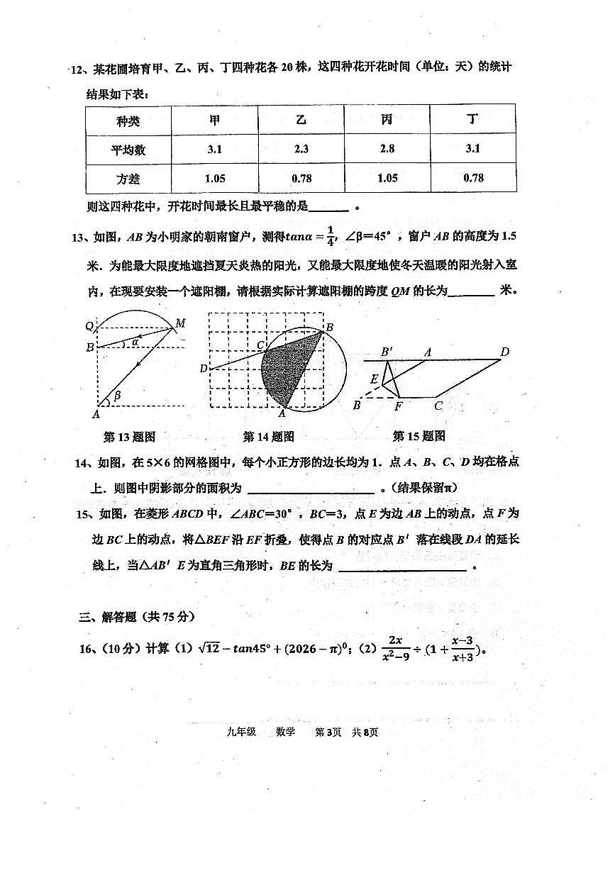 河南省实验中学2025-2026学年九下三月月考数学试卷及答案第3页