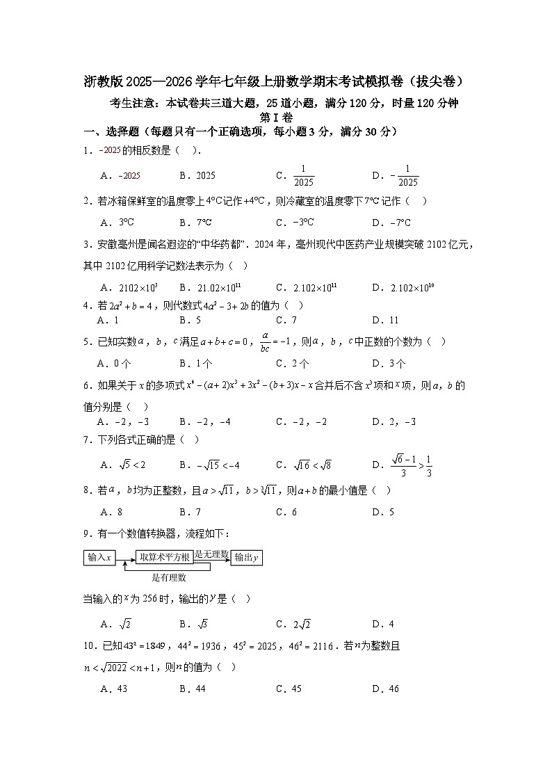 浙教版2025—2026学年七年级上册数学期末考试模拟卷（拔尖卷）第1页