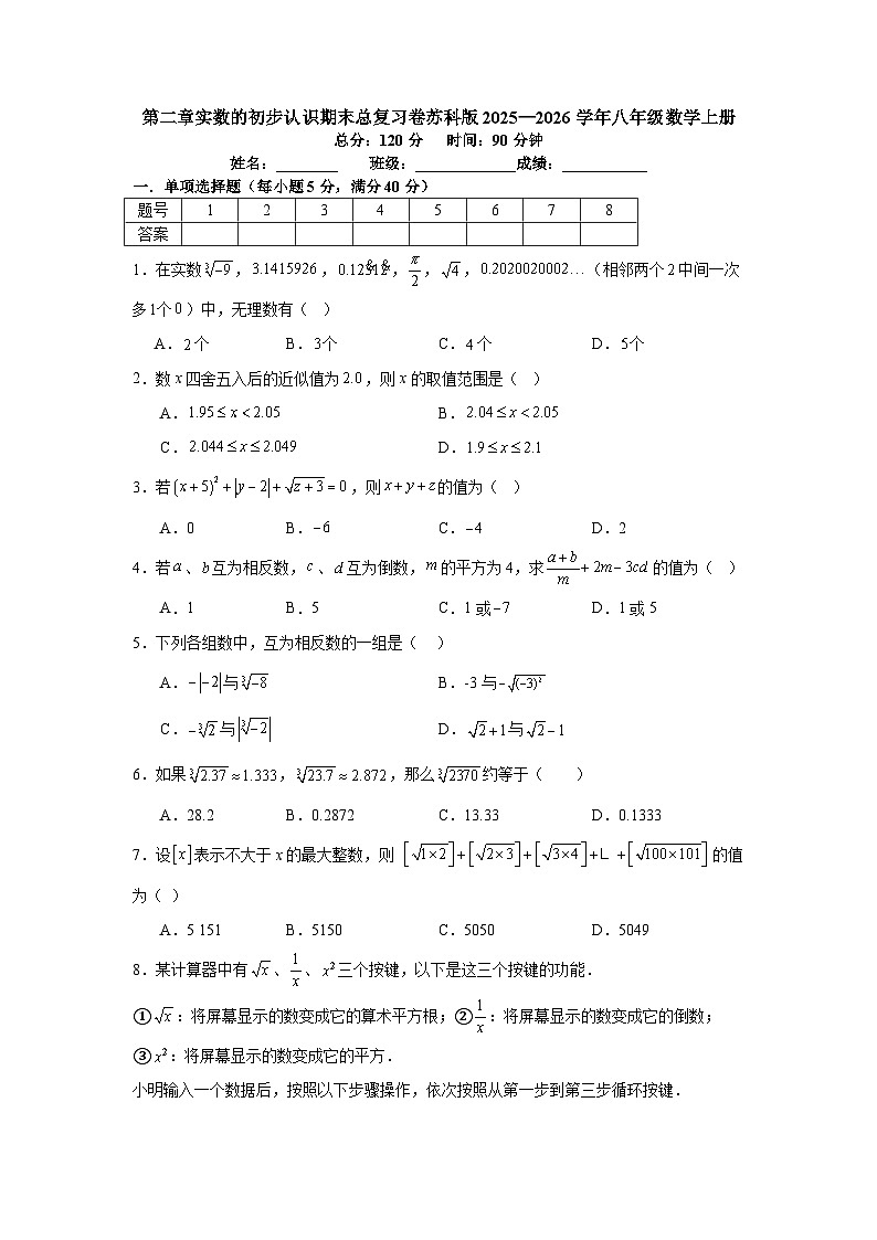 第二章实数的初步认识期末总复习卷苏科版2025—2026学年八年级数学上册第1页