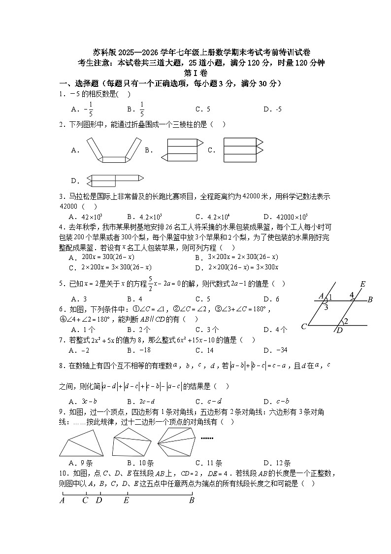 苏科版2025—2026学年七年级上册数学期末考试考前特训试卷第1页