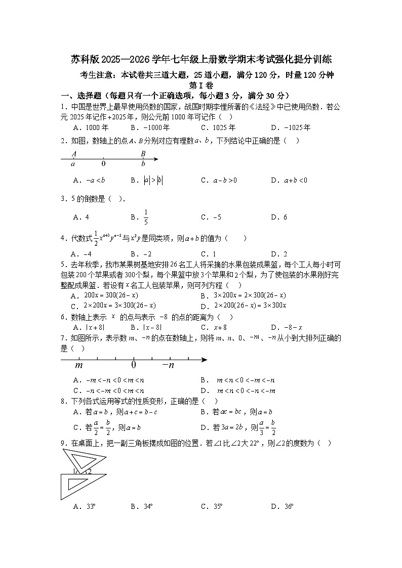 苏科版2025—2026学年七年级上册数学期末考试强化提分训练第1页