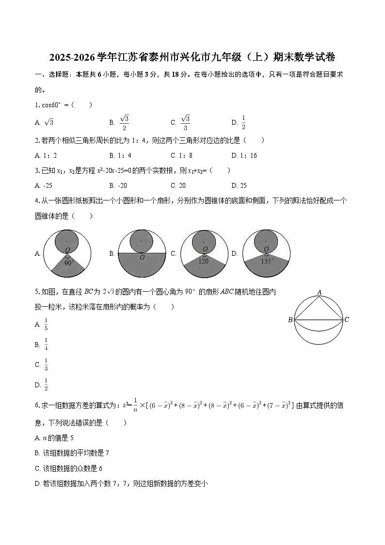 2025-2026学年江苏省泰州市兴化市九年级（上）期末数学试卷-自定义类型第1页