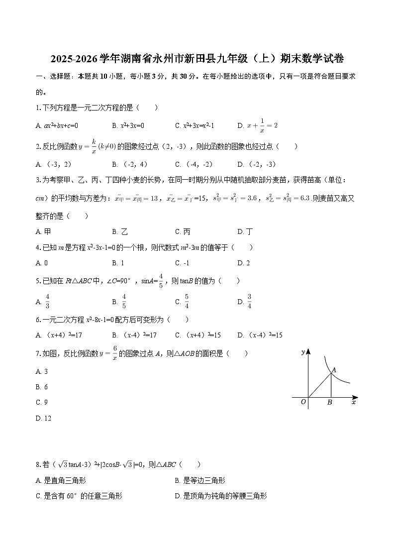 2025-2026学年湖南省永州市新田县九年级（上）期末数学试卷-自定义类型第1页