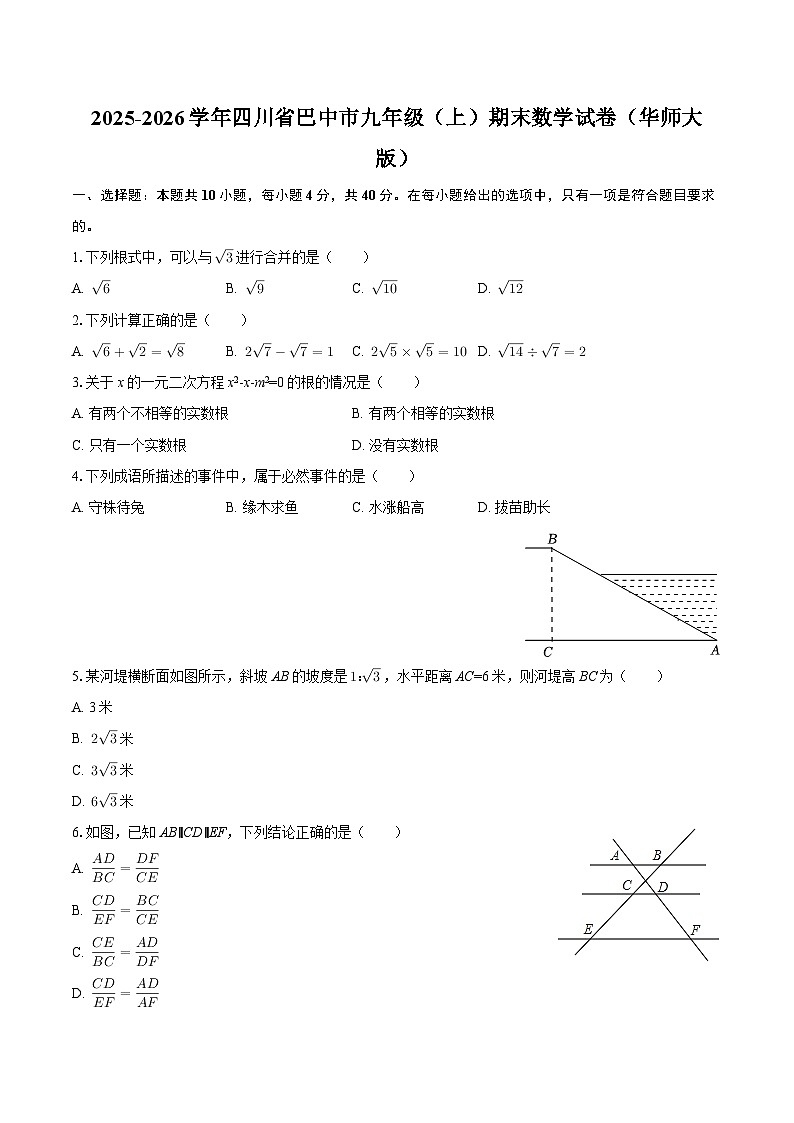 2025-2026学年四川省巴中市九年级（上）期末数学试卷（华师大版）-自定义类型第1页