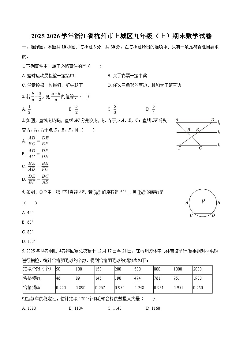2025-2026学年浙江省杭州市上城区九年级（上）期末数学试卷-自定义类型第1页