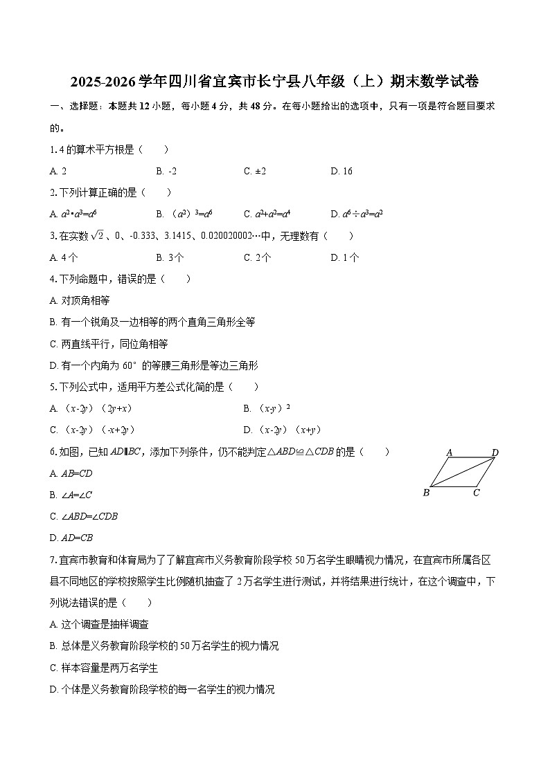 2025-2026学年四川省宜宾市长宁县八年级（上）期末数学试卷-自定义类型第1页