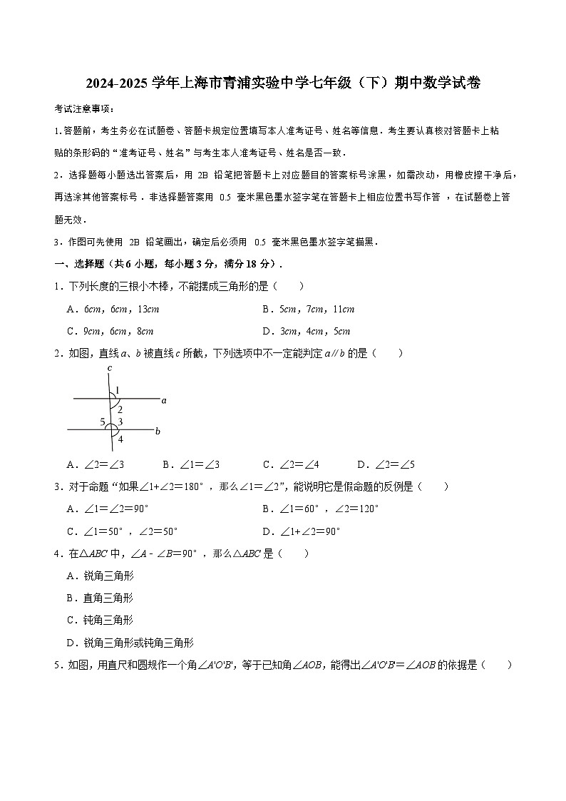 2024-2025学年上海市青浦实验中学七年级（下）期中数学试卷 （含答案）第1页