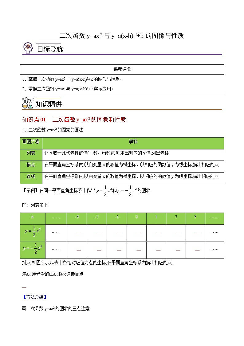 九年级上学期数学考点突破与提分——二次函数y=ax2与y=a(x-h)2+k的图像与性质练习题（含答案）第1页