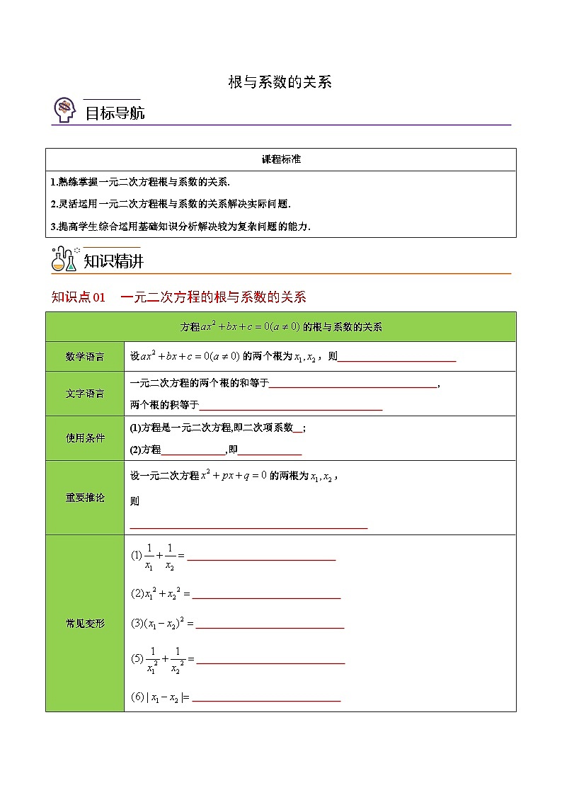 九年级上学期数学考点突破与提分——根与系数的关系练习题（含答案）第1页