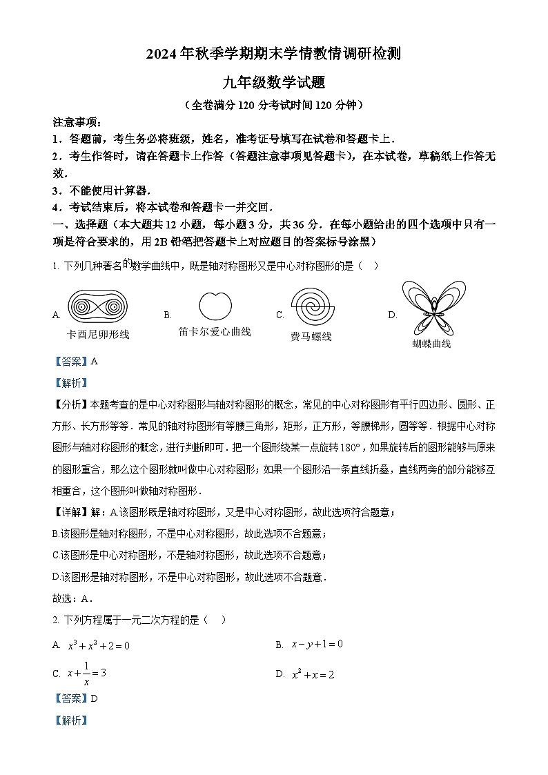 广西河池市九年级上学期期末检测数学试题（解析版）-A4第1页