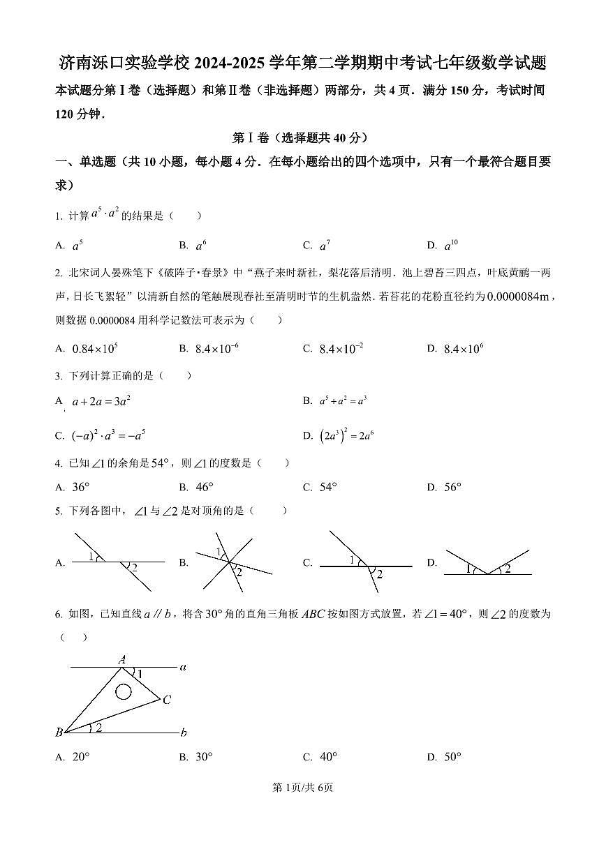 山东省济南市天桥区泺口实验学校2024—2025学年下学期七年级数学期中考试题第1页