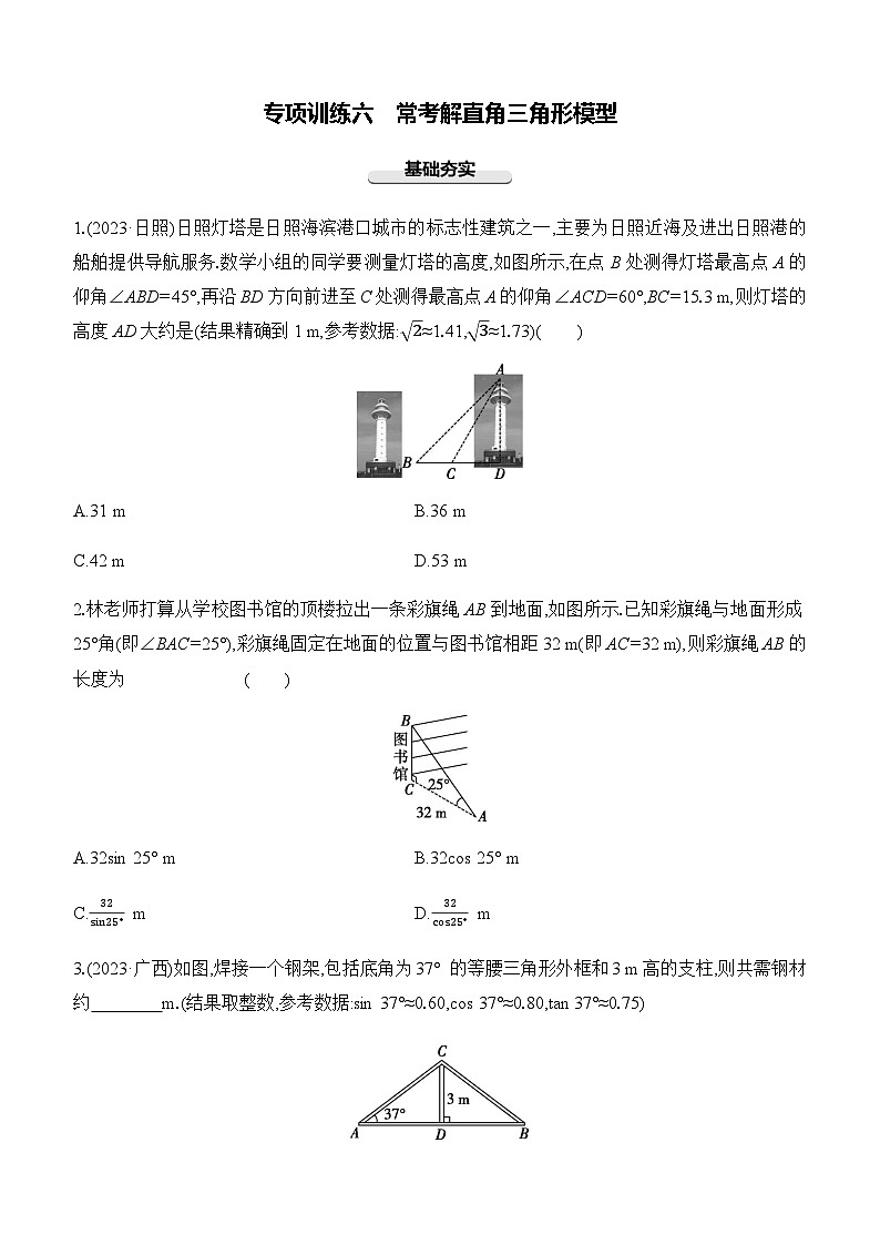 专项训练06 常考解直角三角形模型  中考数学一轮专题复习强化练习（含答案）第1页