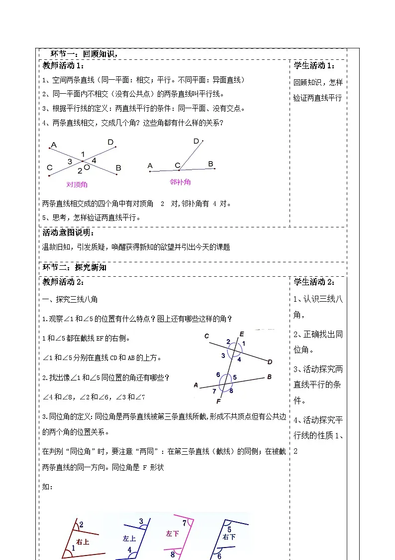 第二章《相交线与平行线》2.2探索两直线的平行条件(一) 表格式教案 2025-2026学年北师大版七年级数学下册第2页