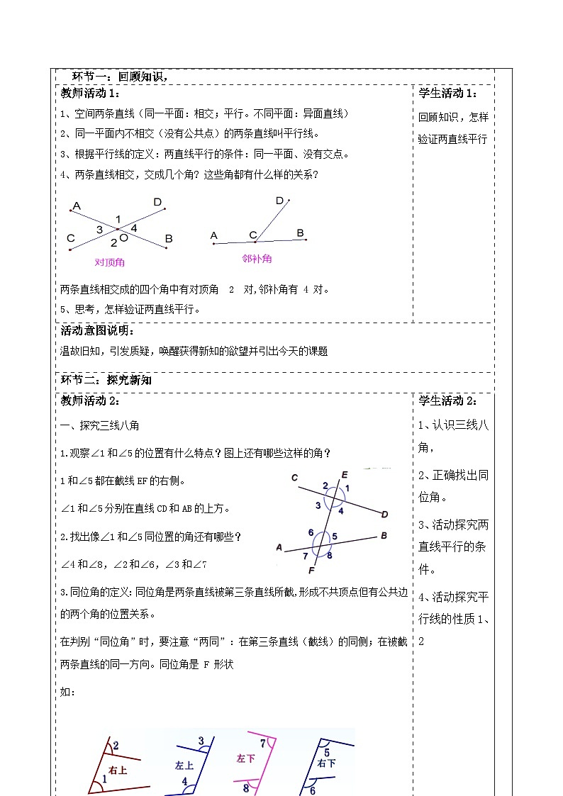 第二章《相交线与平行线》2.2探索两直线的平行条件(一) 表格式教案 2025-2026学年北师大版七年级数学下册第2页