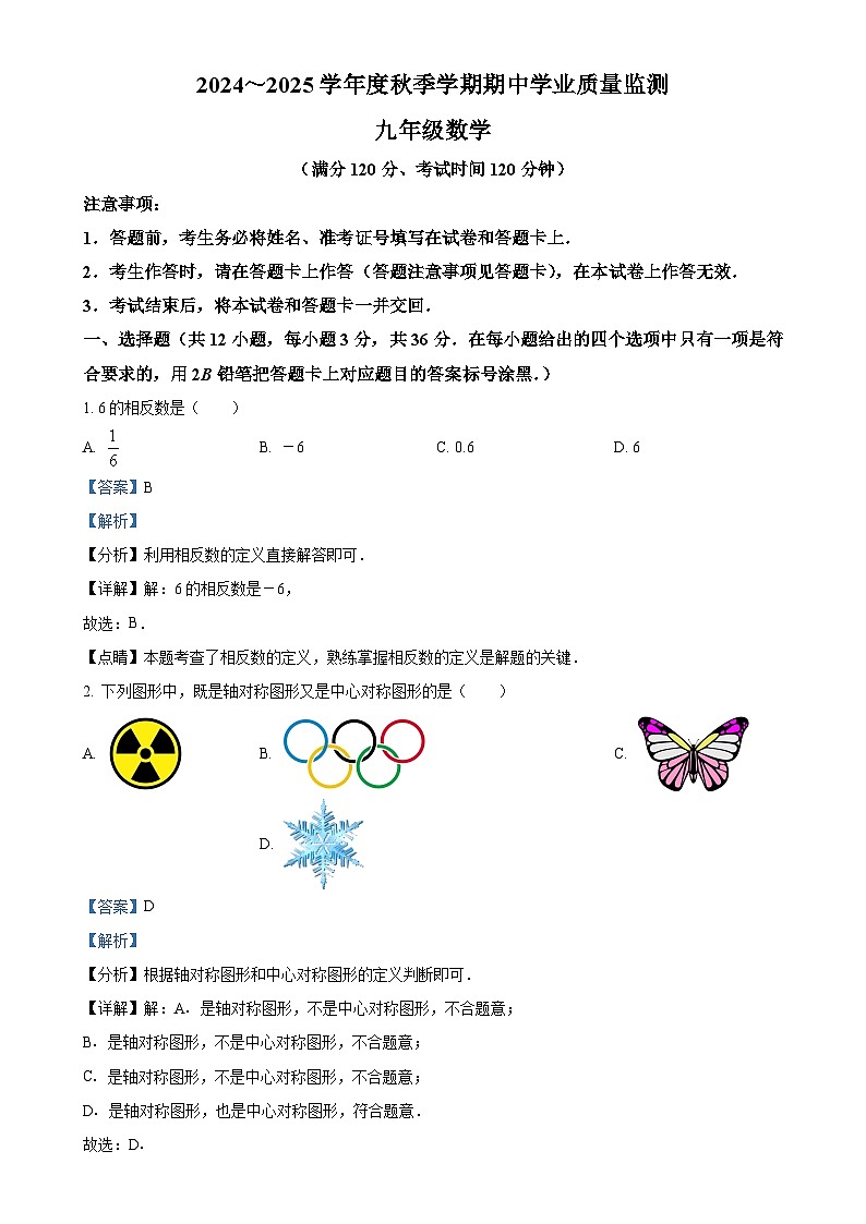 广西南宁市高新初级中学九年级上学期数学期中考试试题（解析版）-A4第1页