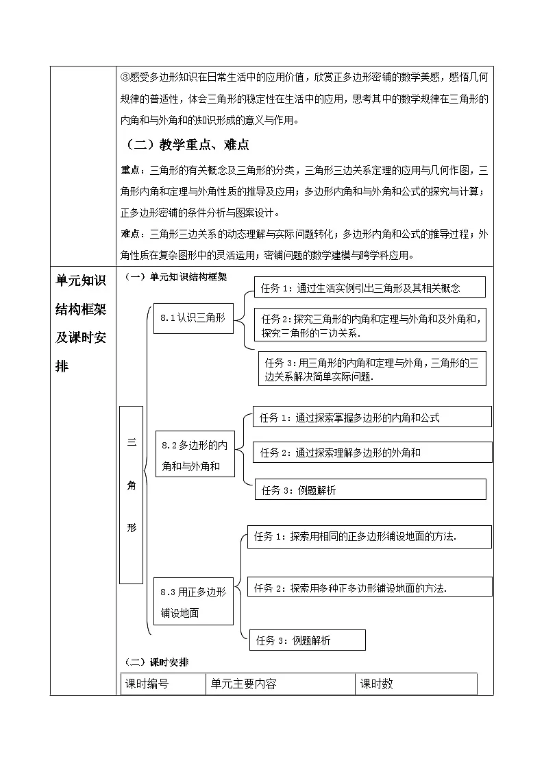 第八单元三角形大单元表格式教学设计 2025-2026学年华师大版七年级数学下册第3页