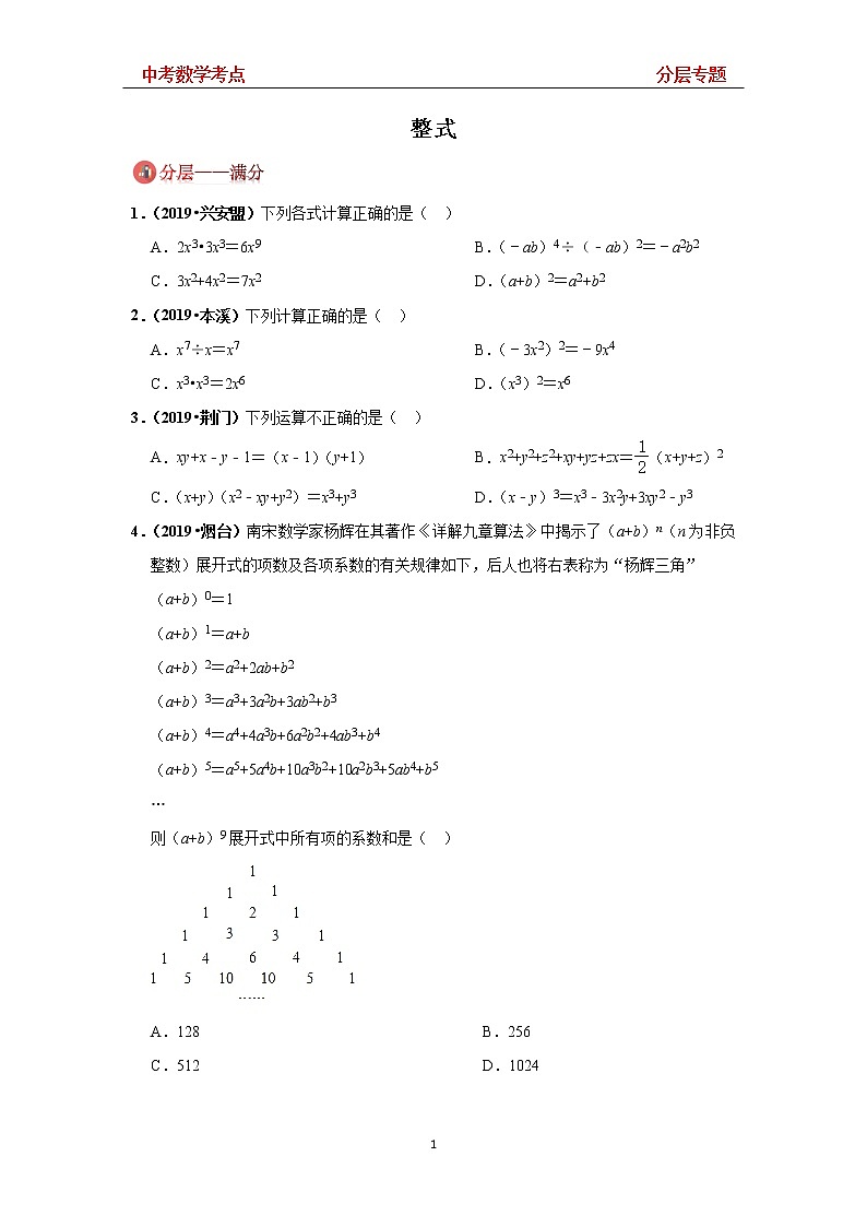 2020年中考总复习《中考数学考点》 分层专题4 —— 整式 同步练习(无答案)01