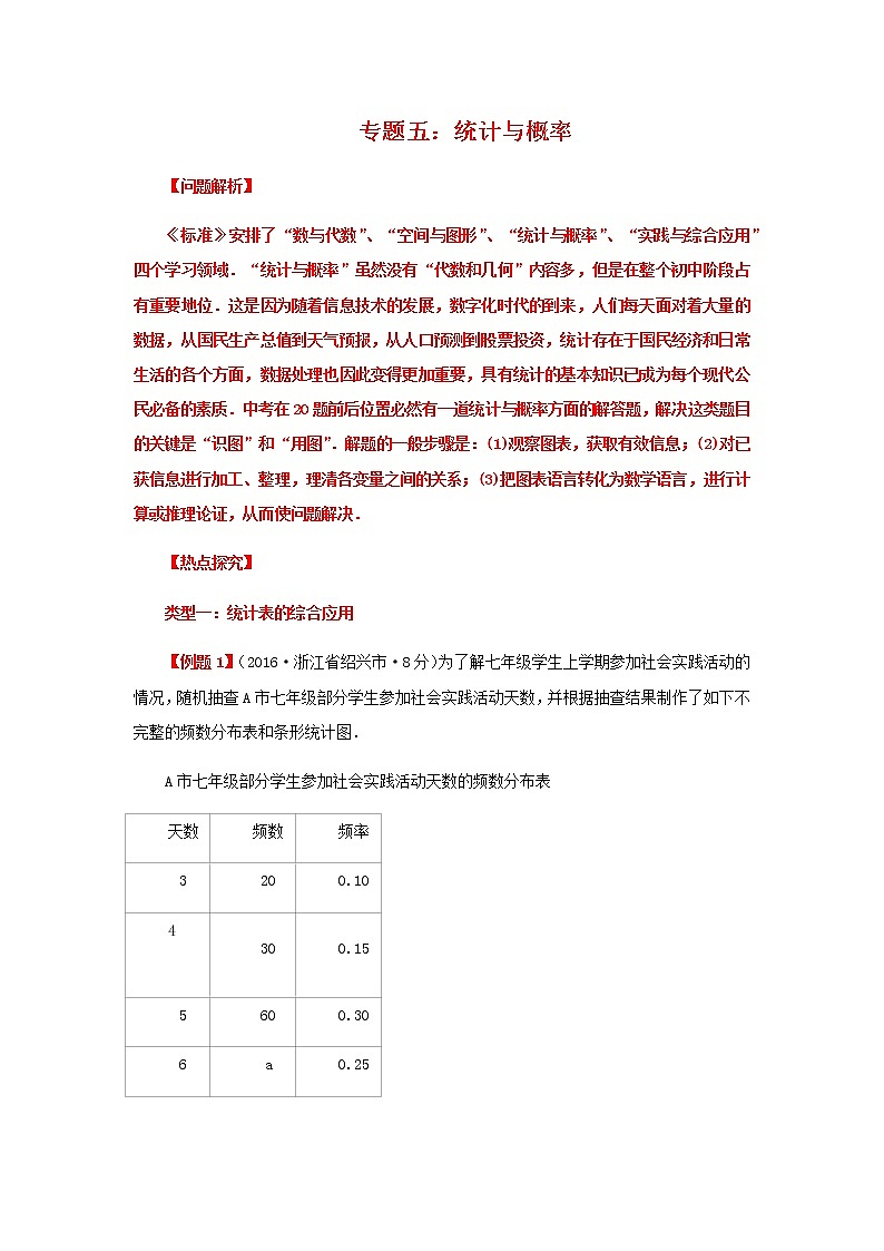 2020届中考数学第二轮复习专题专题复习五：统计与概率01