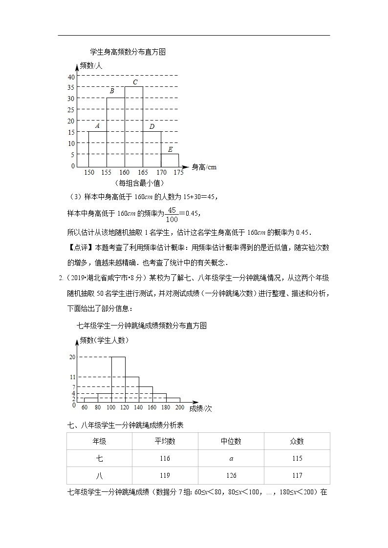 2019年全国各地中考数学真题分类汇编 专题15 频数与频率(含解析)02