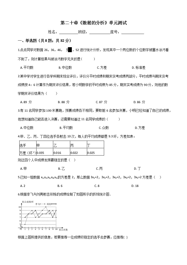 人教版八年级数学下册-第二十章《数据的分析》单元试卷（含答案）01