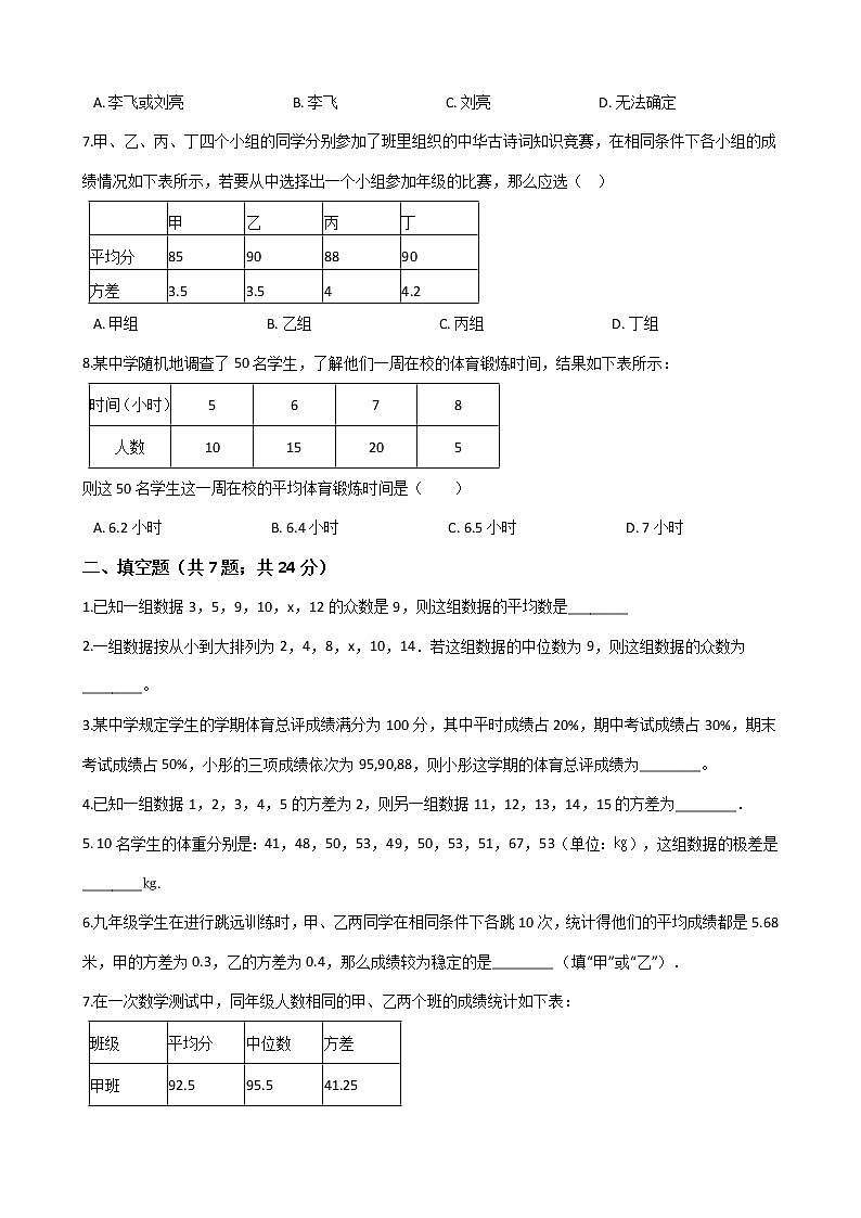 人教版八年级数学下册-第二十章《数据的分析》单元试卷（含答案）02