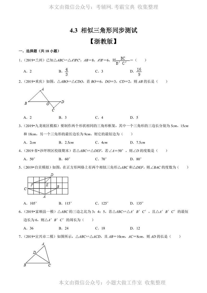 中考数学复习专题4.3 相似三角形（原卷版）第1页