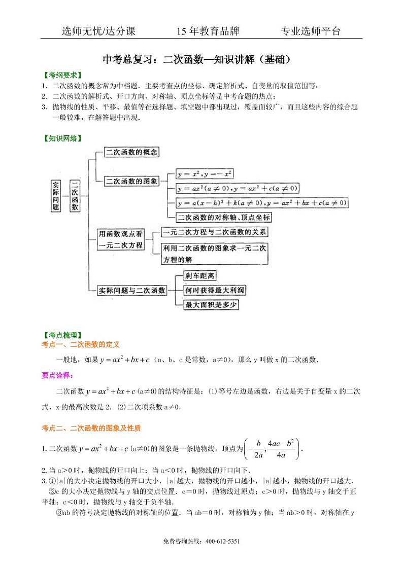 数学中考总复习：二次函数--知识讲解（基础）01