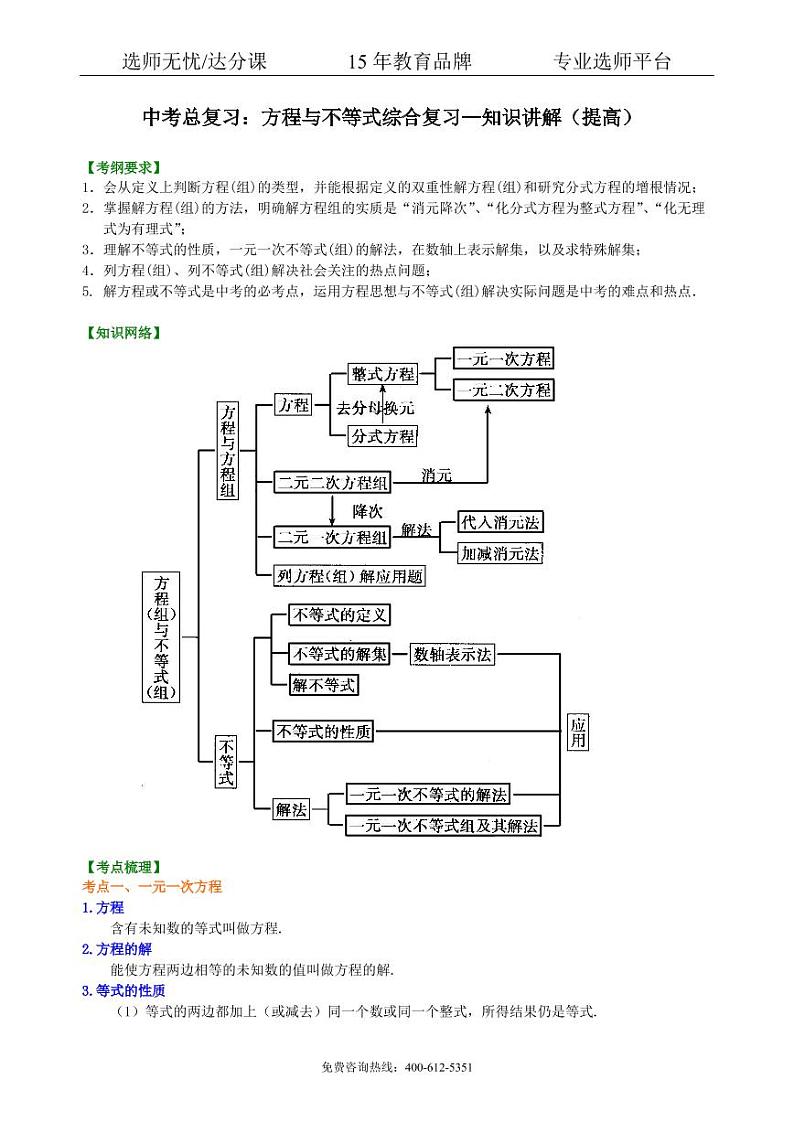 数学中考总复习：方程与不等式综合复习--知识讲解（提高）01