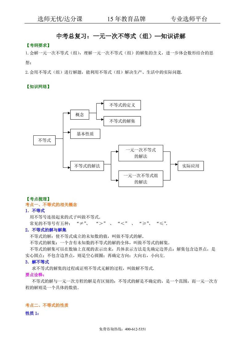 数学中考总复习：一元一次不等式（组）--知识讲解01