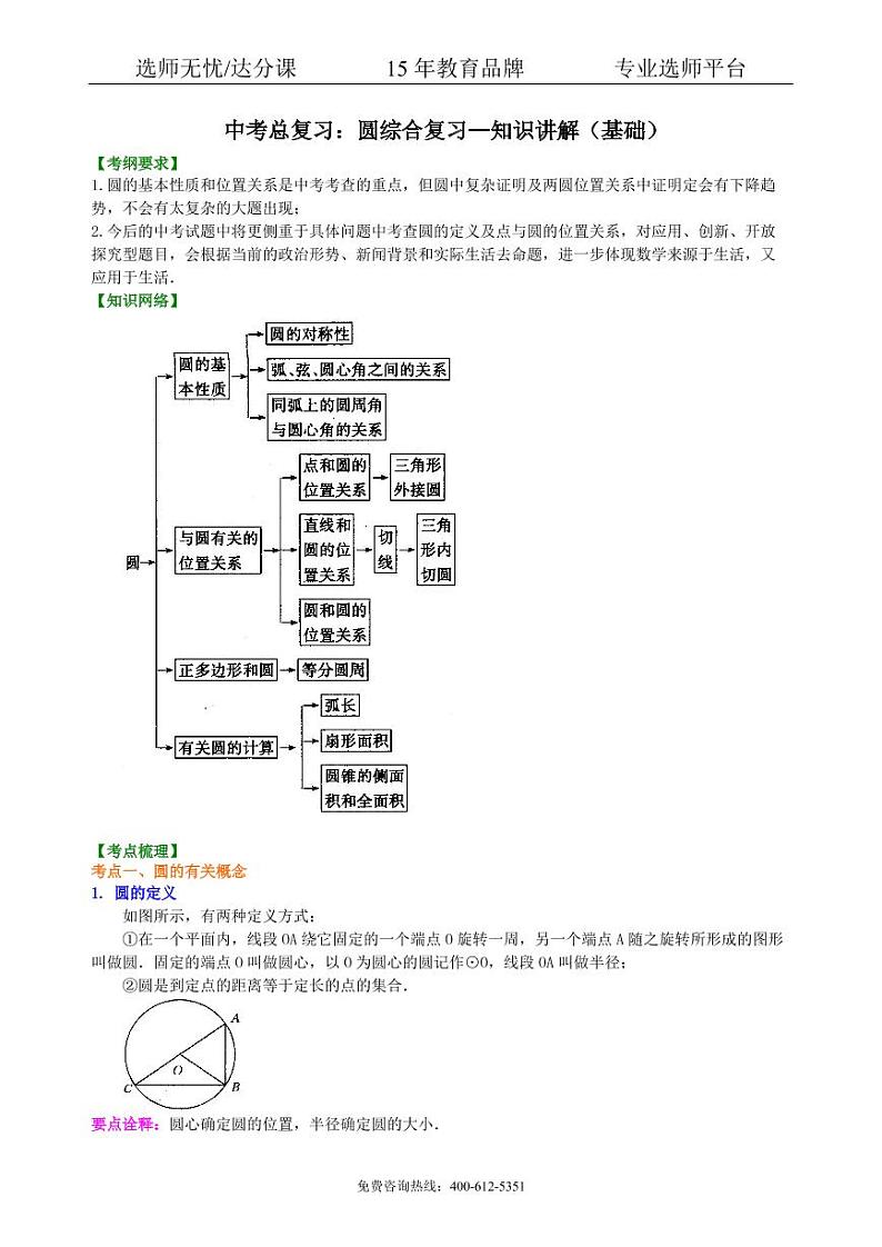 数学中考总复习：圆综合复习--知识讲解（基础）01