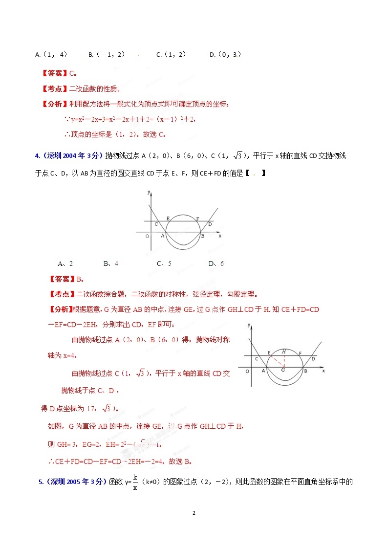 2002-2019年深圳市数学中考真题分类汇编：专题6 函数的图象与性质（解析版）02