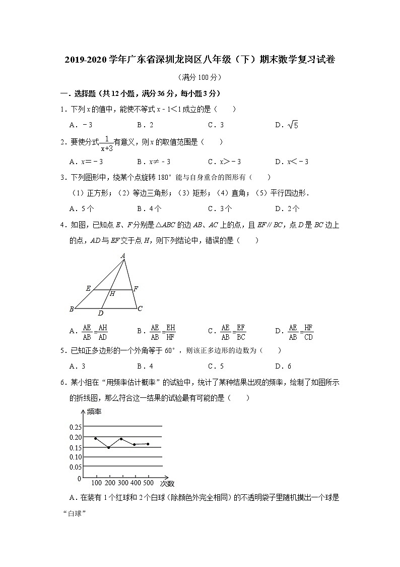 2019-2020学年广东省深圳龙岗区（北师大版）八年级（下）期末数学复习试卷  解析版01
