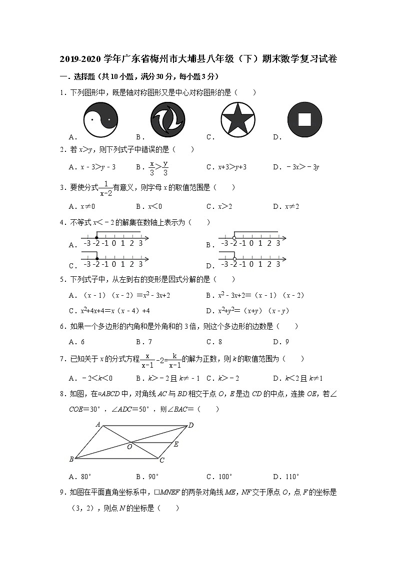 2019-2020学年广东省梅州市大埔县八年级（下）期末数学复习试卷   解析版01