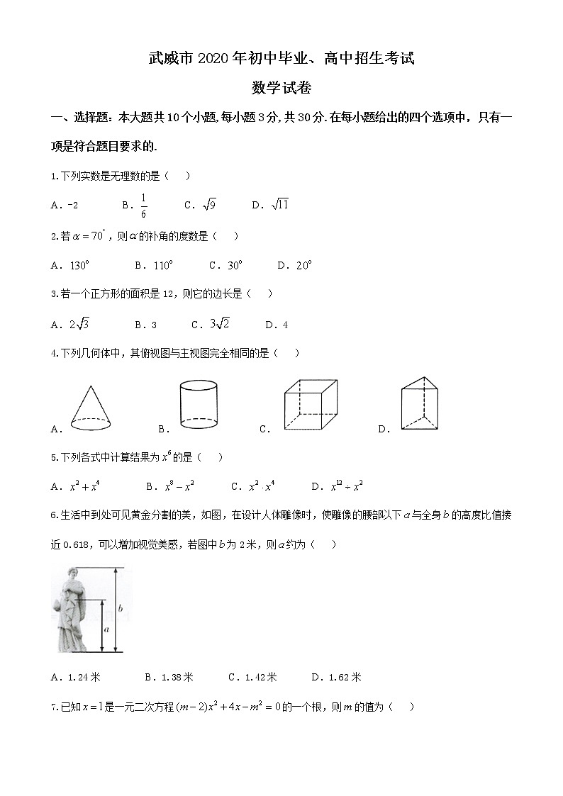 2020年甘肃省武威市中考数学试题（无答案）第1页