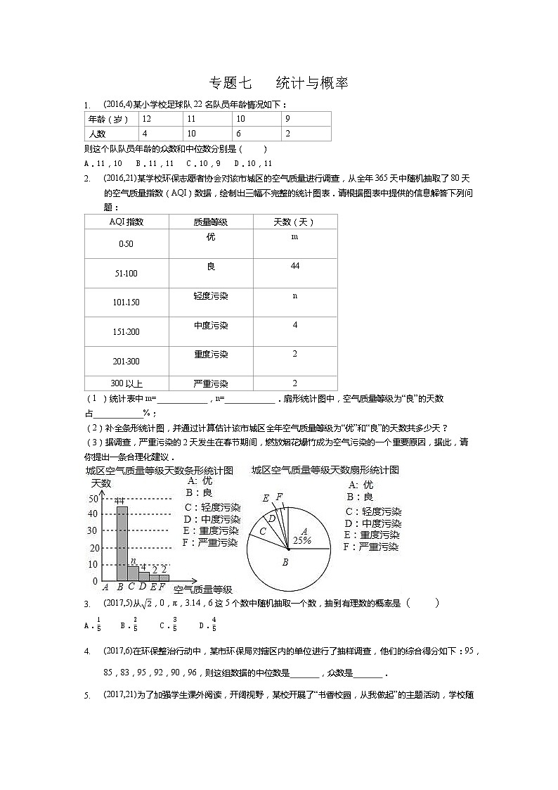 湖南省岳阳市备战2021年中考数学试题分类汇编 专题七 统计与概率（学生版）01