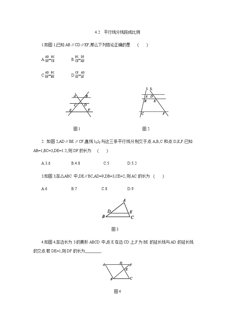 北师大版九年级数学上册同步练习：4.2 平行线分线段成比例01