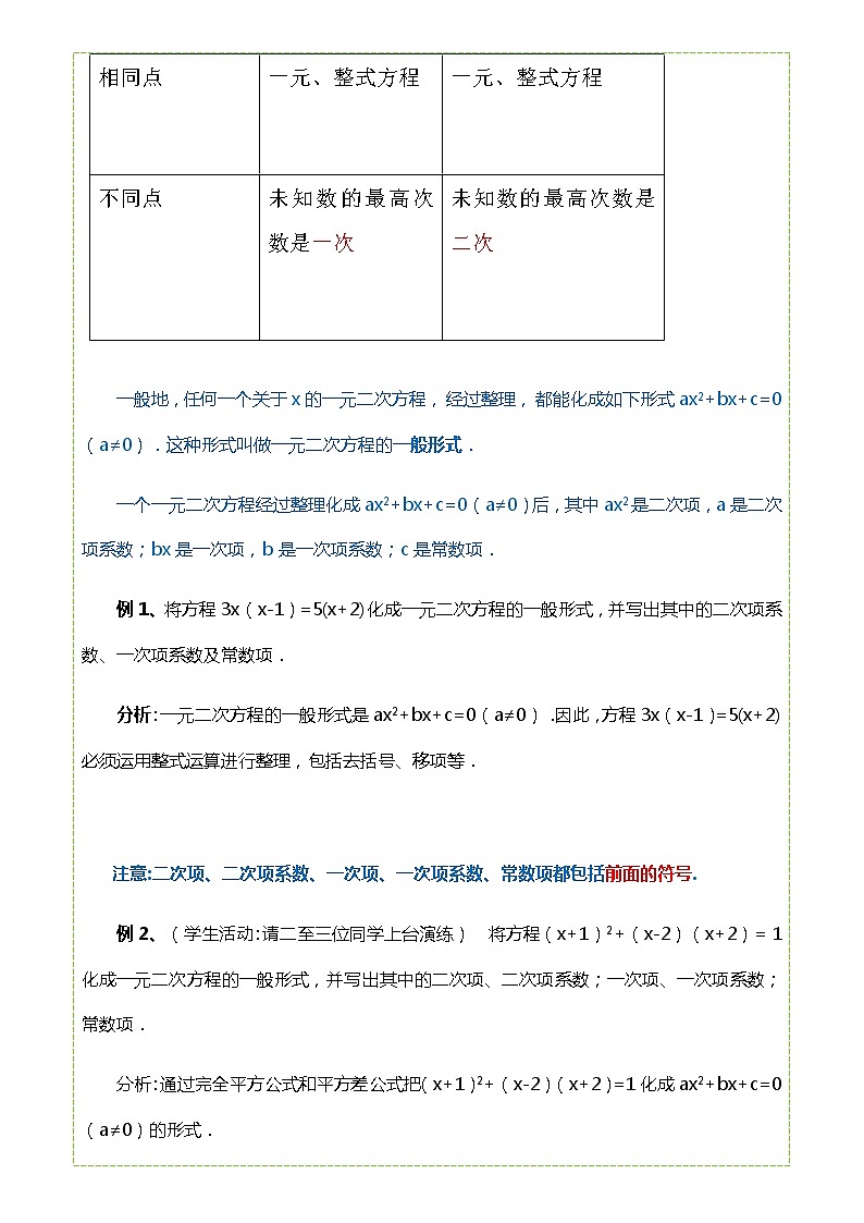 人教版九年级上册数学 21.1一元二次方程 教案02