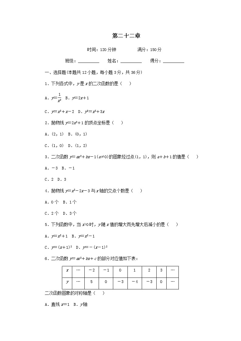 人教版九年级数学上册 第22章 二次函数 单元测试（含答案）第1页
