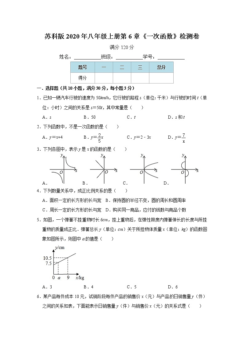苏科版2020年八年级上册第6章《一次函数》检测卷   word版，含解析01