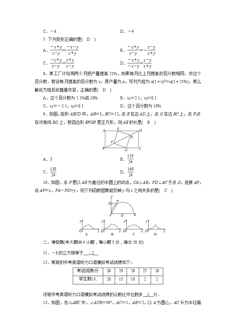 2020年安徽省初中学业水平考试数学模拟试卷402