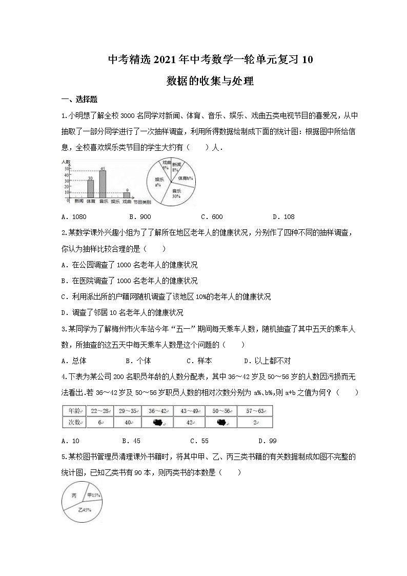 中考精选2021年中考数学一轮单元复习10 数据的收集与处理(含答案) 试卷01