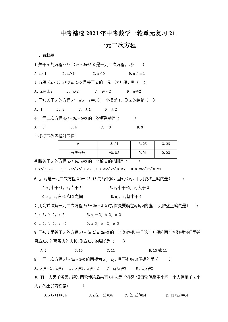 中考精选2021年中考数学一轮单元复习21 一元二次方程(含答案)第1页