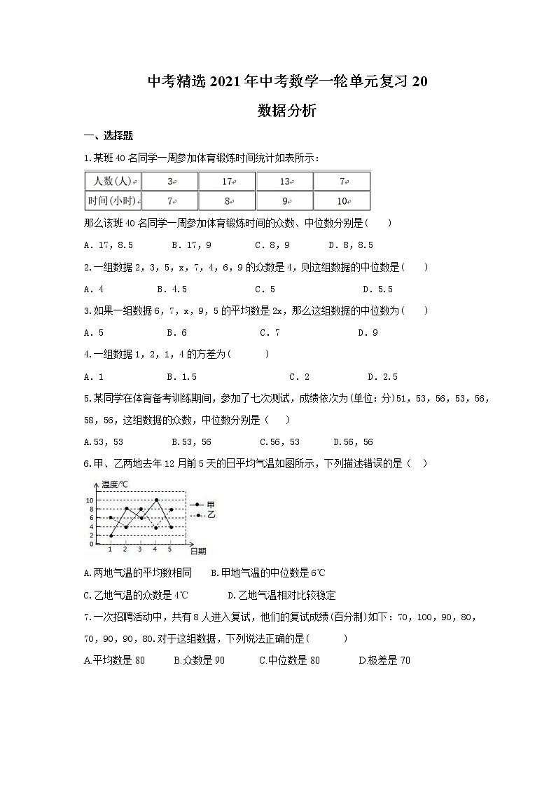 中考精选2021年中考数学一轮单元复习20 数据分析(含答案) 试卷01