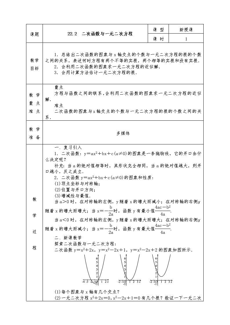 人教版九年级上册数学全册教案22.2 二次函数与一元二次方程01