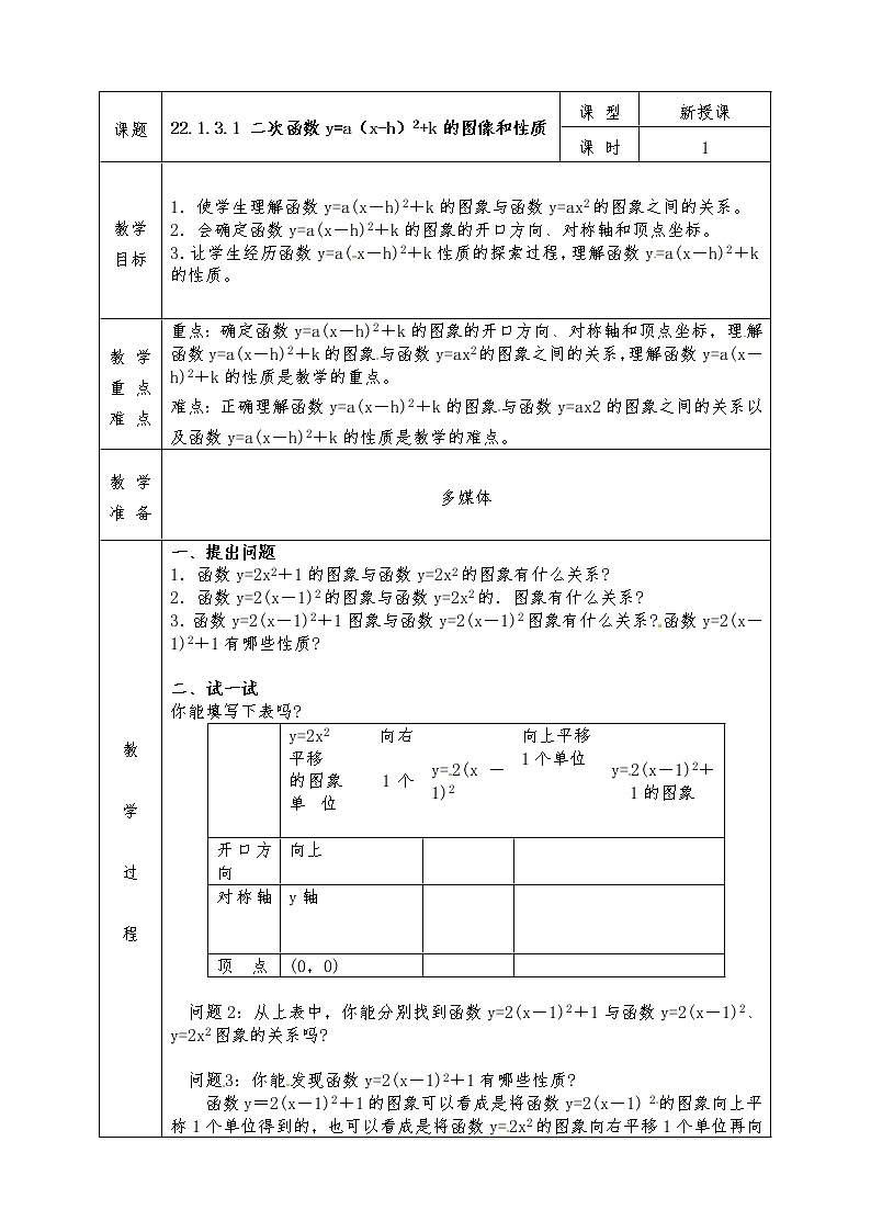 人教版九年级上册数学全册教案22.1.3.3 二次函数y=a(x-h)2+k的图像和性质01