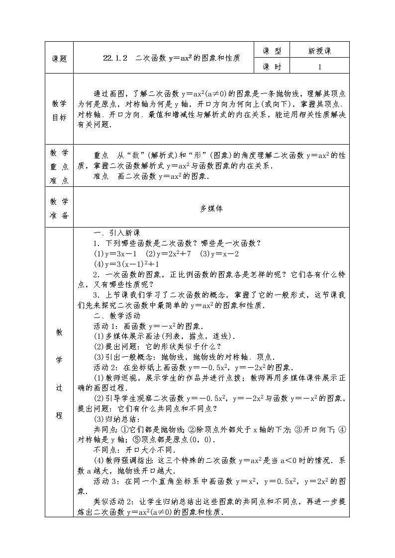 人教版九年级上册数学全册教案22.1.2 二次函数y=ax2的图像和性质01