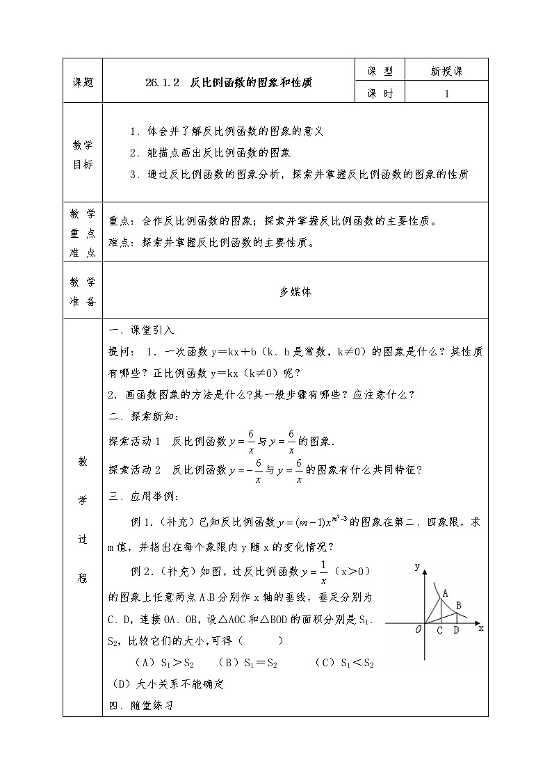人教版九年级下册数学全册教案26.1.2反比例函数的图象和性质01