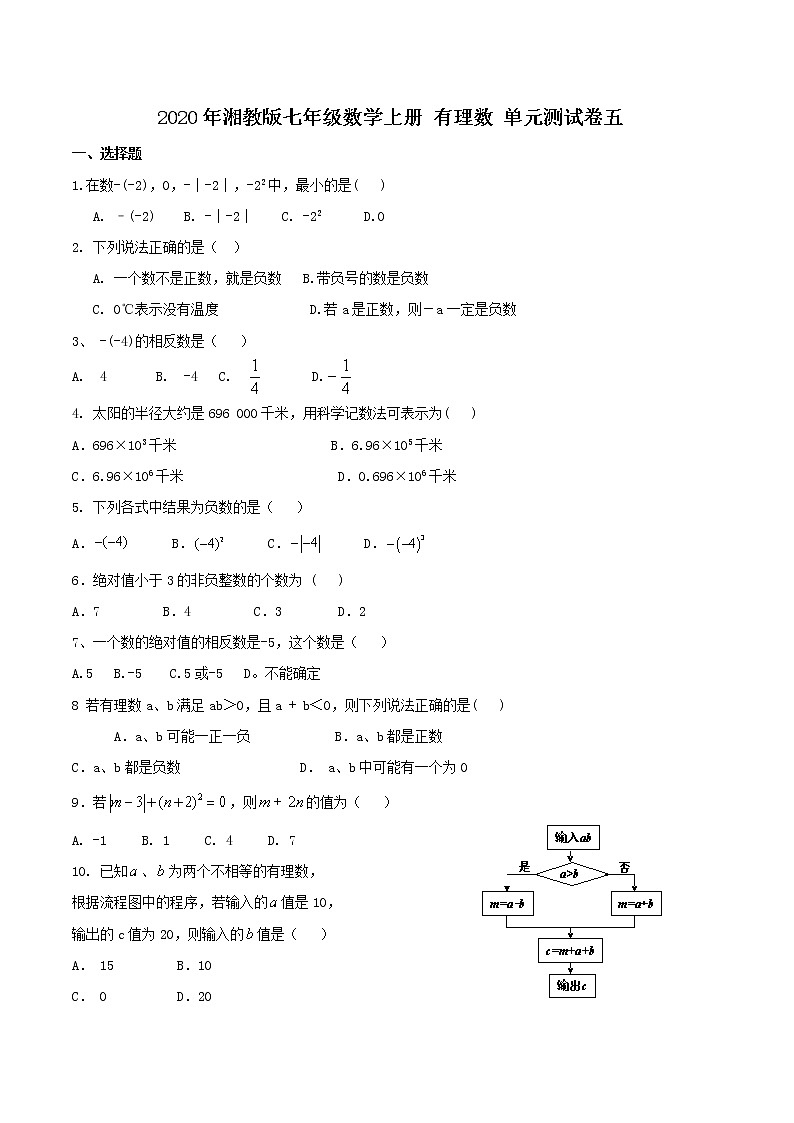 2020年湘教版七年级数学上册 有理数 单元测试卷五（含答案）01