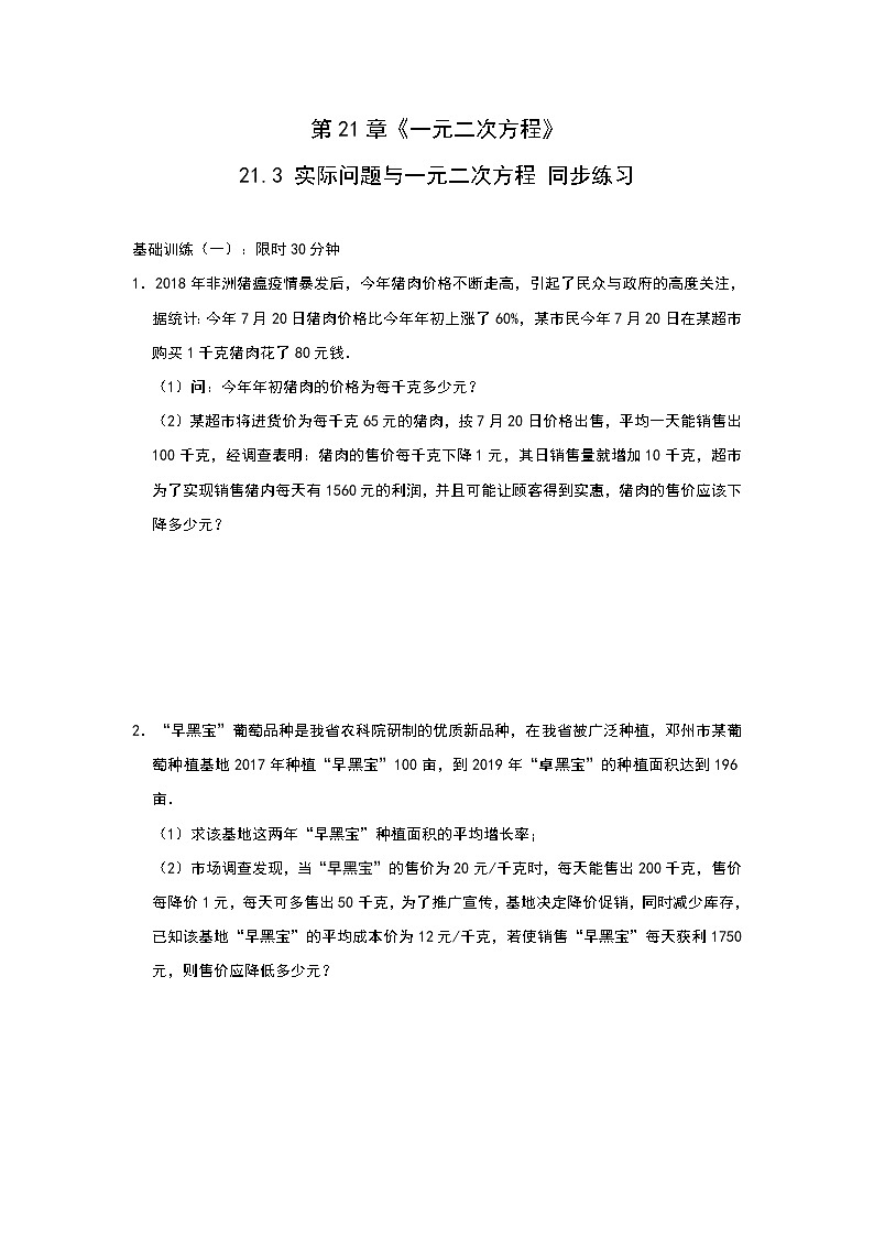 人教版九年级上册 21.3 实际问题与一元二次方程 同步练习（二）01