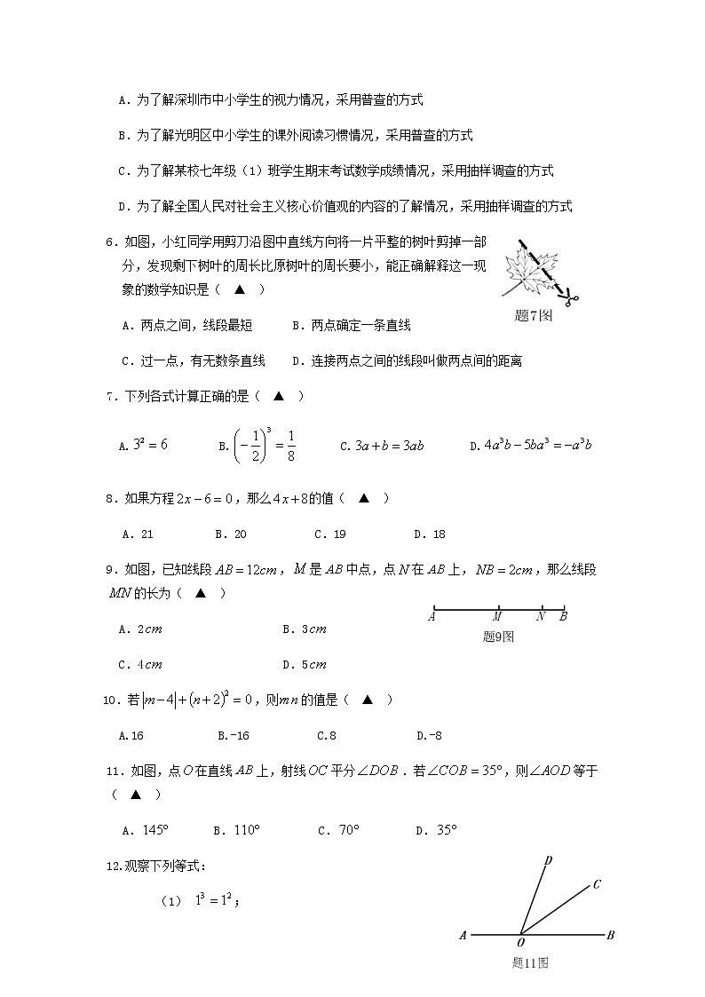 光明区2019—2020学年第一学期期末调研测试七年级数学试卷第2页